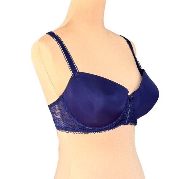 NWOT Lou Paris Satin T-Shirt Bra Sz.E Blue Lace Underwire Sexy Lingerie Feminine - Picture 2 of 10